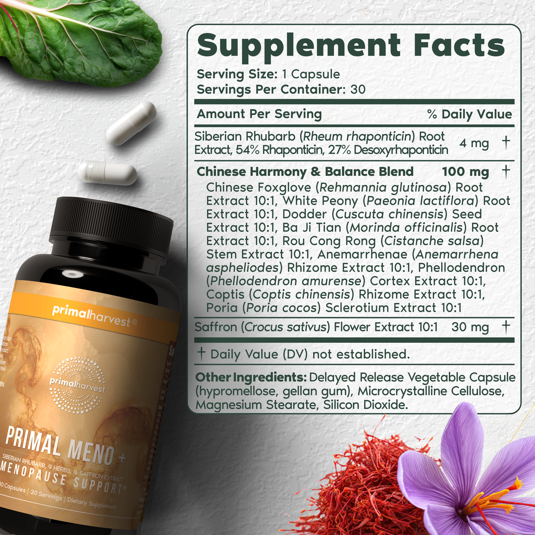 Supplement bottle labeled 'Primal Meno' with supplement facts label on a textured surface.