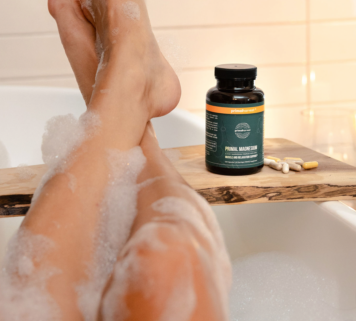 Magnesium calm supplement with woman in bathtub