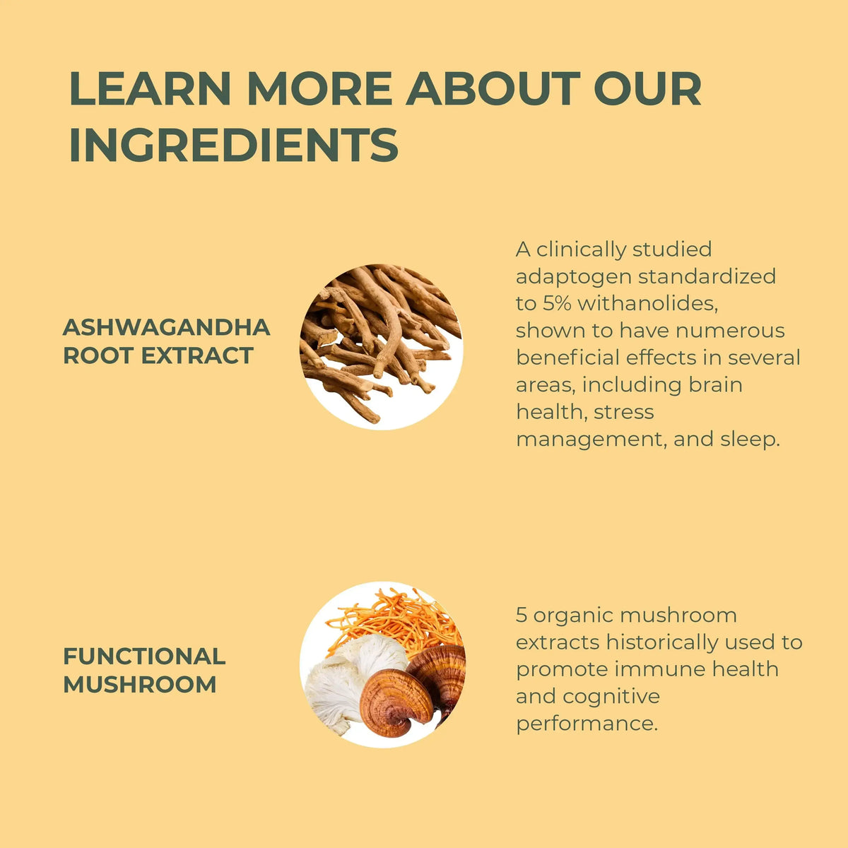 Product packaging with text about Ashwagandha root extract and functional mushroom on a yellow background.