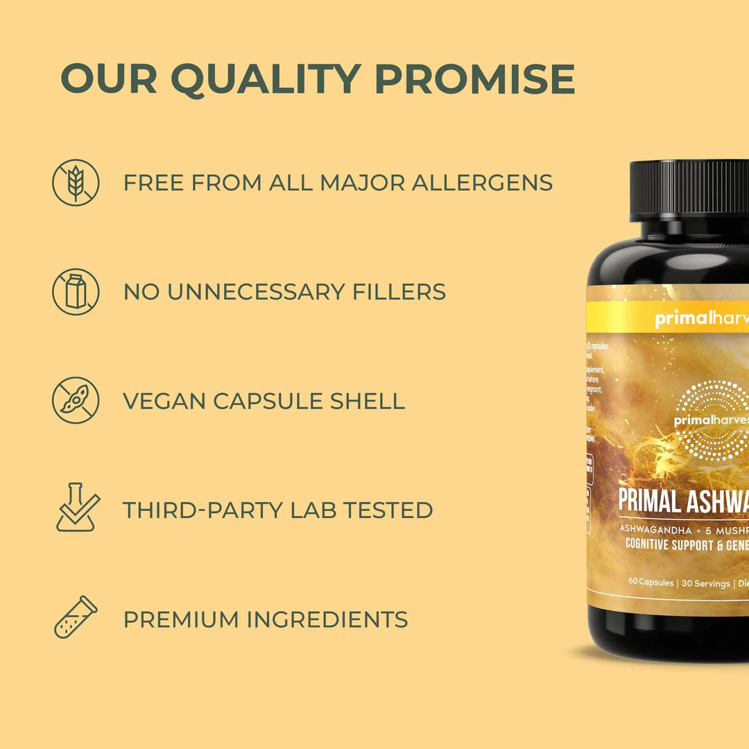 Primal Ashwagandha supplement bottle with quality promise details on a beige background