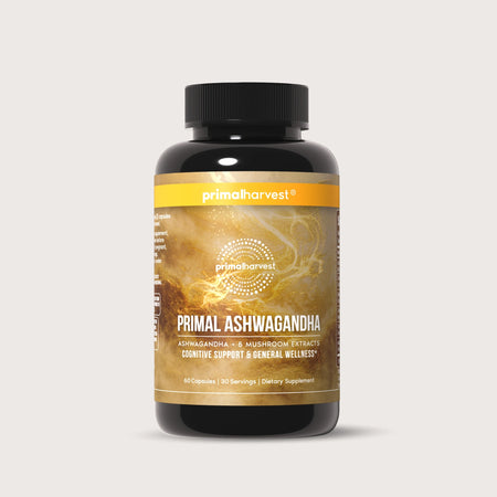 Supplement bottle labeled 'Primal Ashwagandha' by Primal Harvest on a light gray background
