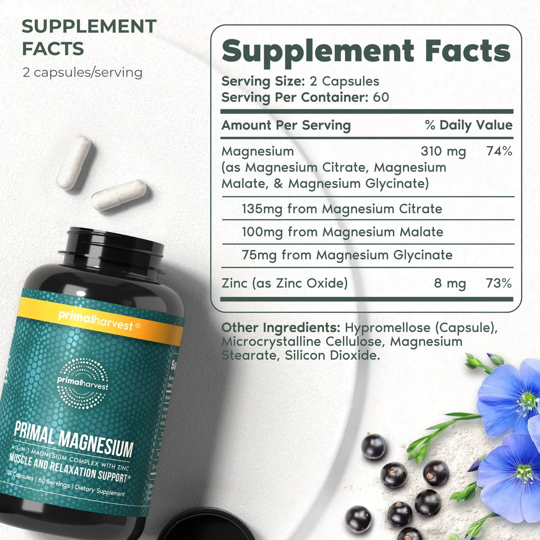 Primal Magnesium supplement bottle with supplement facts label on a white background