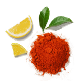 Red powder with lemon slices and leaves on a white background