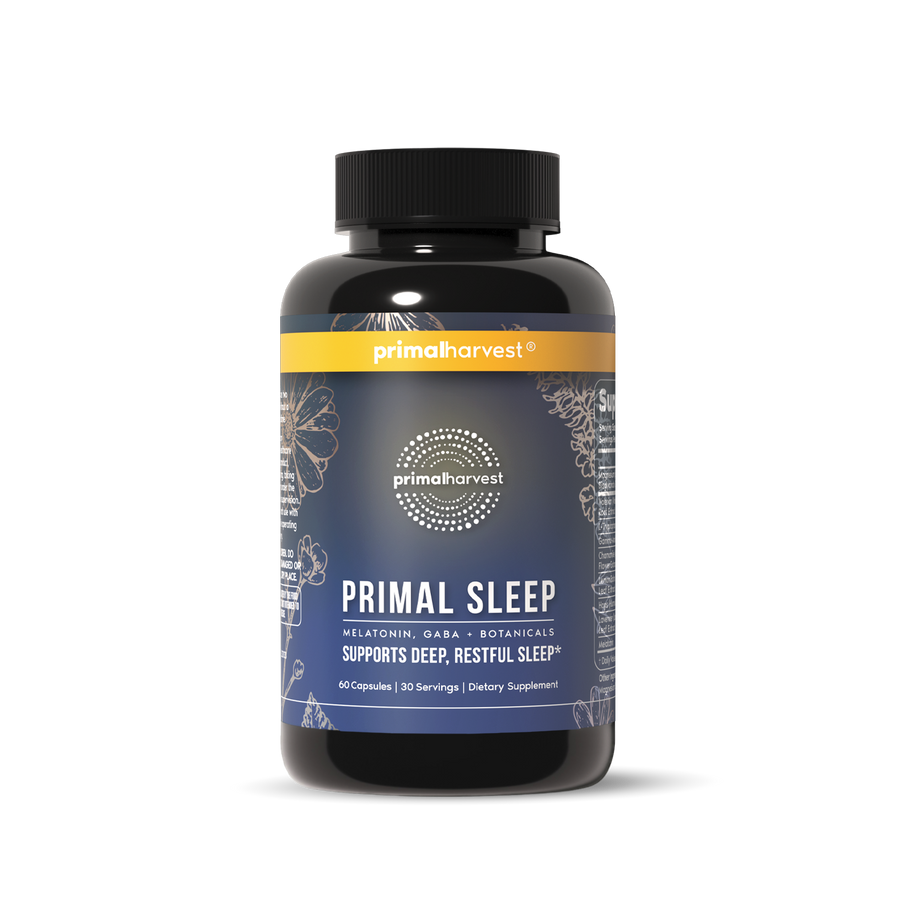 Supplement bottle labeled 'Primal Sleep' by Primal Harvest